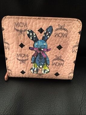MCM Pink Leather Wallet with Multicolor Bunny Motif